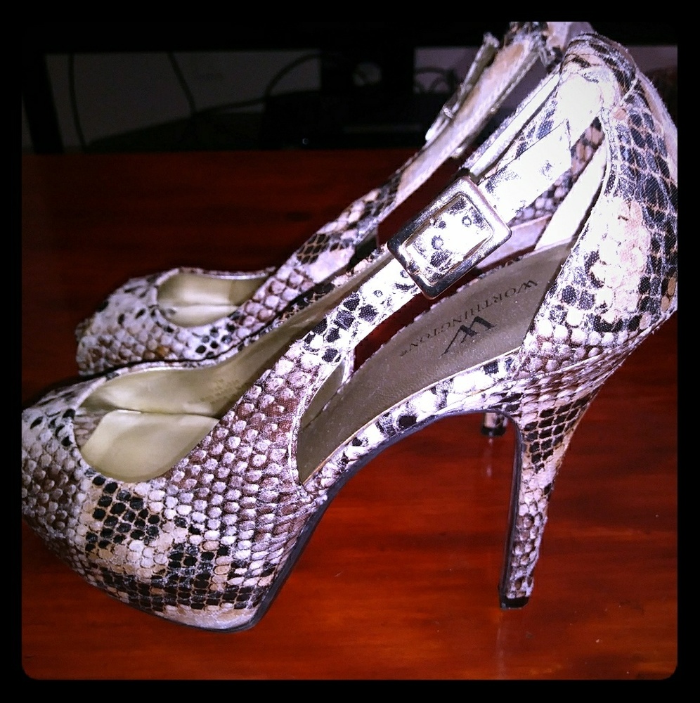 Snakeskin peep toe heels